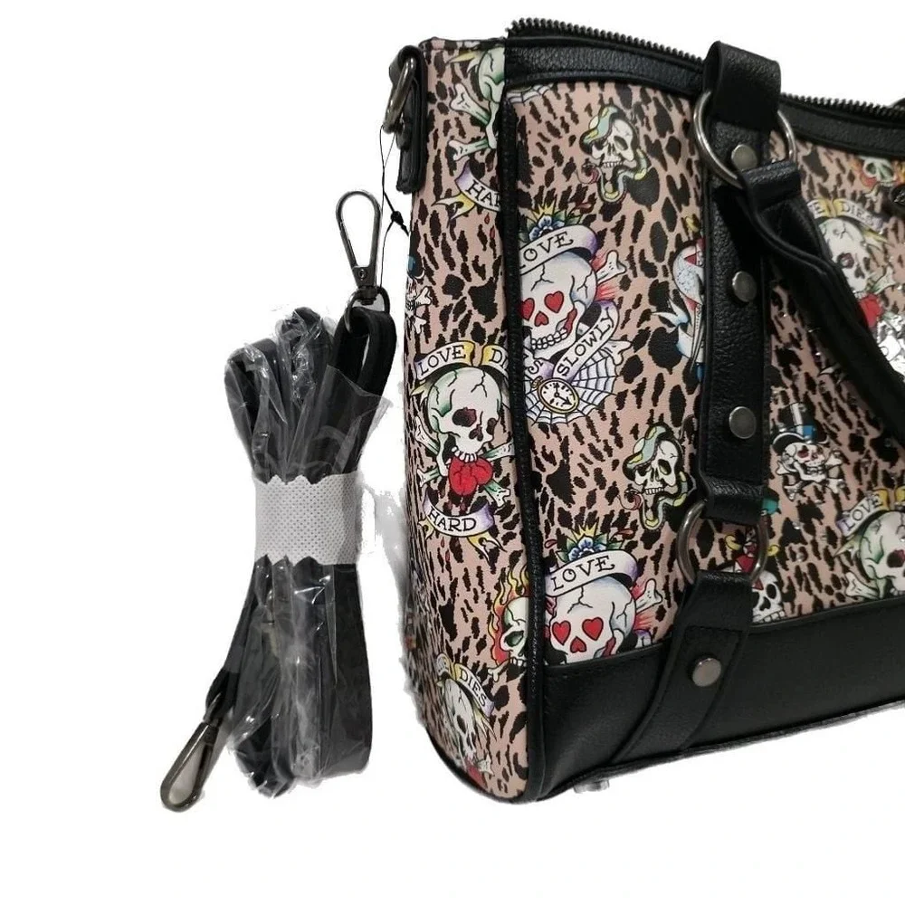 Ed Hardy Leopard Tattoo Print Satchel Handbag with Skull Hardware